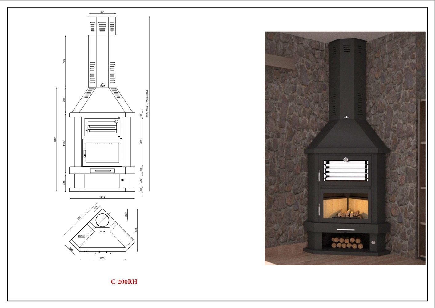 Chimenea De Leña Rinconera Con Horno Modelo C-200 RH - Imagen 3